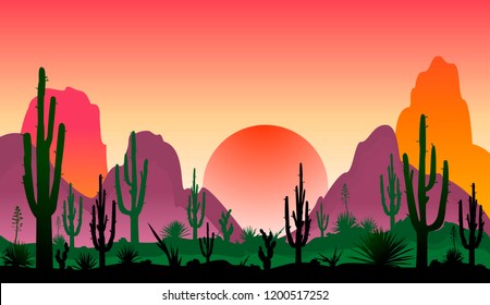 Sunset in a stony desert with cacti.  Silhouettes of stones, cacti and plants. Desert landscape with cacti. The stony desert.                                                                          