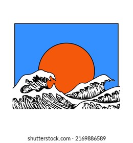 Sunset in storm. Ocean waves and sun. Vector stock illustration.
