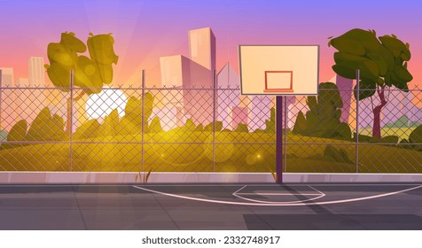 Fondo de la caricatura de la cancha de baloncesto de la calle Sunset. Estadio de patio de recreo al aire libre cerca del parque de la ciudad con césped verde e ilustración del perfil urbano. Vacío fuera de la arena deportiva para la competencia