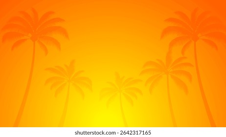 Sunset summer background, simple illustration banner of overlay silhouette coconut palm tress on a bright afternoon with empty space	