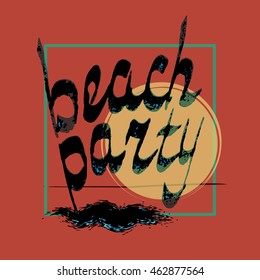 Sunset. Summer background. Vector illustration. Sea, waves and sun. Beach Party quote. Hand lettering typography poster. Handwritten banner.