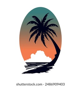 Sunset summer beach and palm tree retro style 80s and 90s. Vector illustration isolated on white. 