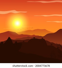 sunset, summer camp background illustration with silhouette vector suitable for banner design, etc.