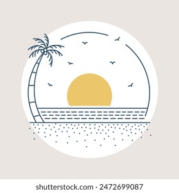 Sunset Summer Illustration Simple Monoline Vector Illustration about Nature Beach Vacation