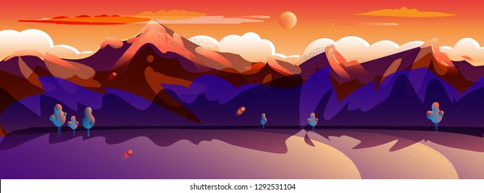 Sunset Summer Rocky Mountain landscape, sunrise sky, clouds, mounts drawing, travel, voyage, adventure in nature wallpaper, landing page background, beautiful red, orange, violet bright color poster