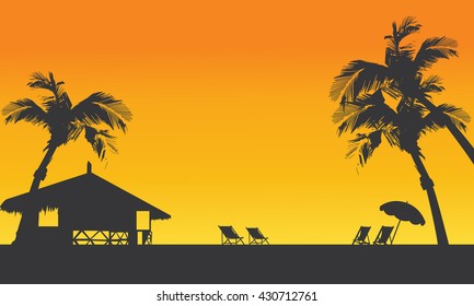 Sunset summer silhouette with hut in seaside