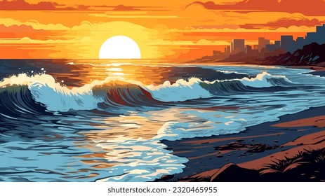 Sunset or summer sunrise over the sea. Calm waves. Bright warm colors. Morning or evening. The beauty of the sea. Seascape, work of art. Vector illustration design