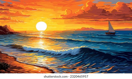 Atardecer o amanecer de verano sobre el mar. Olas tranquilas. Colores cálidos y luminosos. Por la mañana o por la noche. La belleza del mar Capa de mar, obra de arte. Diseño de ilustraciones vectoriales