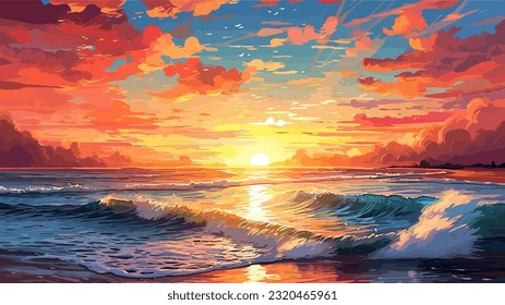 Sunset or summer sunrise over the sea. Calm waves. Bright warm colors. Morning or evening. The beauty of the sea. Seascape, work of art. Vector illustration design