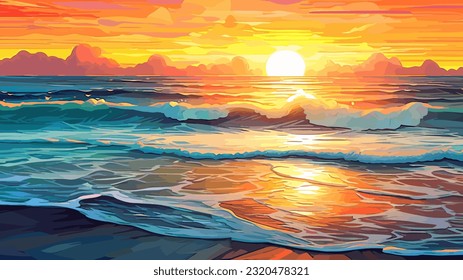 Sunset or summer sunrise over the sea. Calm waves. Bright warm colors. Morning or evening. The beauty of the sea. Seascape, work of art. Vector illustration design