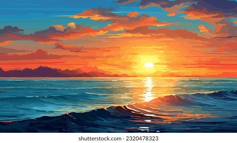 Sunset or summer sunrise over the sea. Calm waves. Bright warm colors. Morning or evening. The beauty of the sea. Seascape, work of art. Vector illustration design