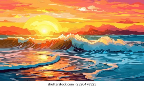 Sunset or summer sunrise over the sea. Calm waves. Bright warm colors. Morning or evening. The beauty of the sea. Seascape, work of art. Vector illustration design