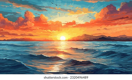 Sunset or summer sunrise over the sea. Calm waves. Bright warm colors. Morning or evening. The beauty of the sea. Seascape, work of art. Vector illustration design