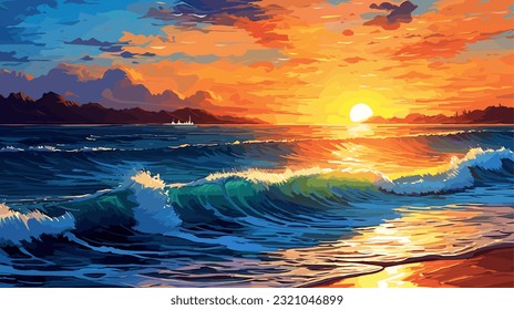 Atardecer o amanecer de verano sobre el mar. Olas tranquilas. Colores cálidos y luminosos. Por la mañana o por la noche. La belleza del mar Capa de mar, obra de arte. Diseño de ilustraciones vectoriales