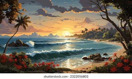 Sunset or summer sunrise over the sea. Calm waves. Bright warm colors. Morning or evening. The beauty of the sea. Seascape, work of art. Vector illustration design