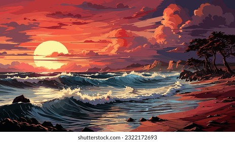 Sunset or summer sunrise over the sea. Calm waves. Bright warm colors. Morning or evening. The beauty of the sea. Seascape, work of art. Vector illustration design