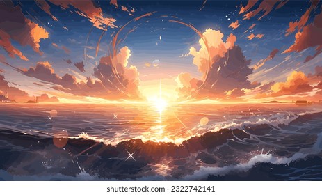 Sunset or summer sunrise over the sea. Calm waves. Bright warm colors. Morning or evening. The beauty of the sea. Seascape, work of art. Vector illustration design