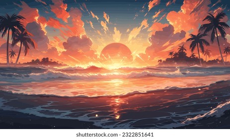 Sunset or summer sunrise over the sea. Calm waves. Bright warm colors. Morning or evening. The beauty of the sea. Seascape, work of art. Vector illustration design