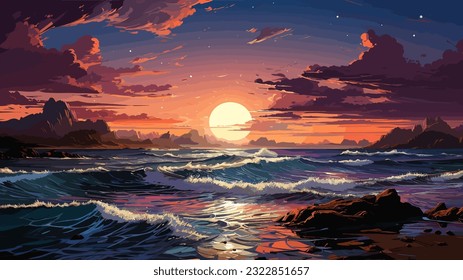 Sunset or summer sunrise over the sea. Calm waves. Bright warm colors. Morning or evening. The beauty of the sea. Seascape, work of art. Vector illustration design