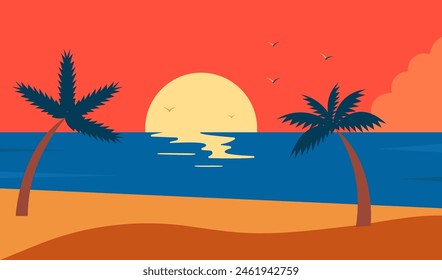 Sunset summer tropical beach. Summer beach background. Vector illustration.