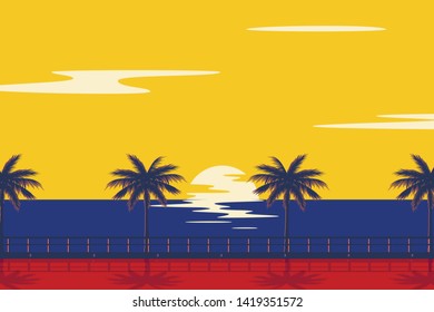 Sunset summer tropical beach with palm trees and sea. Nature landscape and seascape.