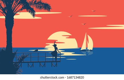 Sunset summer tropical beach with palm trees and sea. Nature landscape and seascape. 