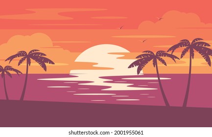 Sunset summer tropical beach with palm trees and sea. Nature landscape and seascape. 