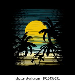 Ilustración vectorial de verano de atardecer. Impresión de camisetas Diseño de ropa deportiva. CA ocean beach desgaste original. Concepto de estilo vintage. Símbolo de vacaciones, verano y surf. Ilustración del vector