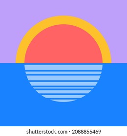 Sunset sun, abstract icon of the sunset on the background of the sea. Vector, cartoon illustration. Vector.