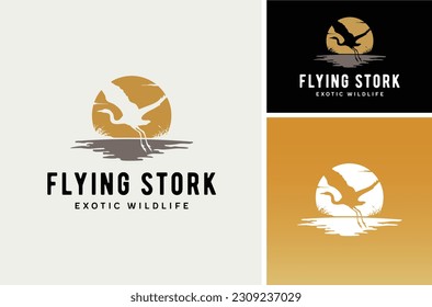 Sunset Sun with Flying Stork Heron Crane Egret Bird over the River Creek lake grass silhouette nature wildlife logo design 