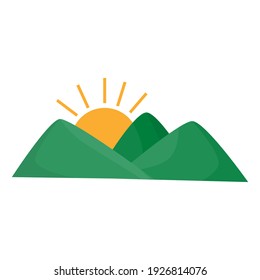 Sunset, the sun goes down over the green hills. Flat vector illustration. Isolated on a white background