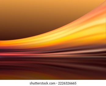 Atardecer, horizonte solar, fondo dinámico abstracto. Iluminación amarilla del cielo, luz solar suave reflejada en el agua. Línea del cielo dorado, olas. Ola de energía, pincel líquido de pincel. Cartel del vector.