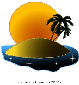 Sunset of a sun on a tropical island. Vector.