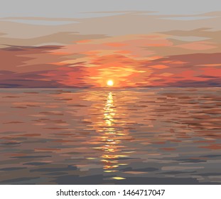 Sunset sun over the sea horizon. The leaving sunshine. Seascape. Evening picture. Realistic vector. Yellow sun. Red-orange sky.