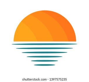Sunset sun over sea icon. Vector illustration.