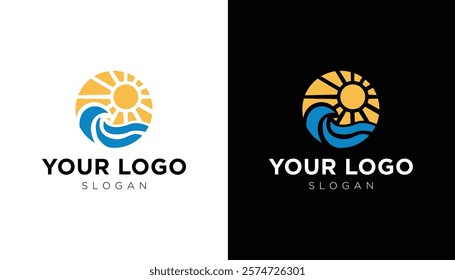 sunset sun rays lake water beach view compact minimalist round vector logo