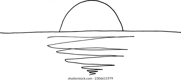 Sunset or sun rise over the sea. Hand drawn doodle illustration. Isolated on white background