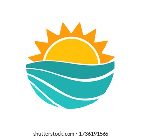 Símbolo de verano de sol y olas marinas. Ilustración vectorial.