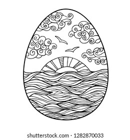 Sunset - the sun sinks into the waves. Hand draw illustration in egg shaped, Easter thematic. Vector design element for coloring book, page