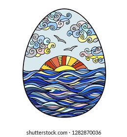 Sunset - the sun sinks into the waves. Hand draw illustration in egg shaped, Easter thematic. Vector design element.