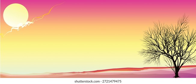 Sunset, sun, tree, abstract ground, purple, pink, yellow