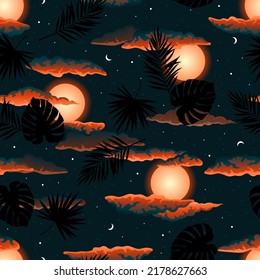 Sunset sun and tropical leaves in cloudy sky. Vector hand drawn seamless pattern.