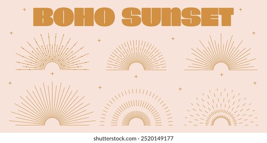 Sunset and sunburst symbol in boho style. vector set
