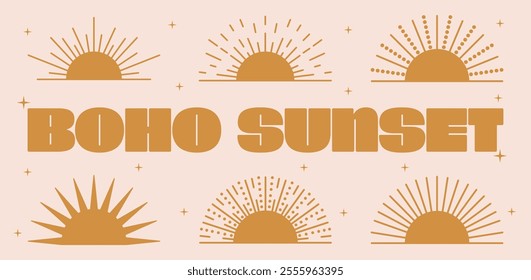 Sunset and sunburst symbol in boho style. vector set