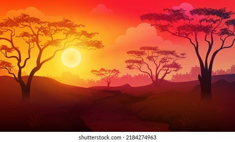 Sonnenuntergang oder Sonnenaufgang in der afrikanischen Savannenlandschaft mit Bäumen und Gras