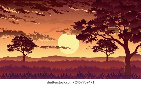 Sunset or sunrise in Africa savanna landscape with trees and grass