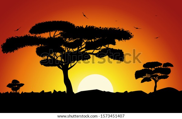 アフリカの夕日や日の出 木 草 飛ぶ鳥 国の家 そして土着の鳥のシルエット アフリカのサバンナの美しい風景は 背景 背景 バナーに使用できます のベクター画像素材 ロイヤリティフリー