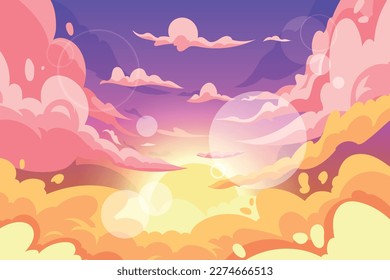 Sunset and sunrise anime cloud sky. Cloudy heaven. Evening landscape. Sun morning scenic scenery. Gradient color horizon. Blue calm cloudscape. Sunny weather. Vector garish background