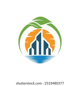 Sunset, sunrise, apartment building, natural sea lake. Landscape logo design vector template