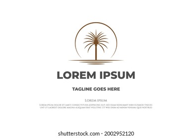 Sunset Sunrise Arabian Middle East Palm Date Tree with Desert Logo Design Vector